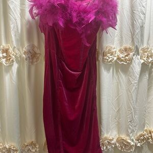Fuchsia Velvet Feather Trim Strapless Dress
